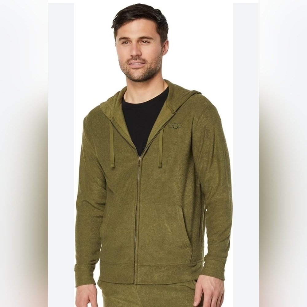 UGG EDMOND FULL ZIP HOODIE IN BRUSHED TERRY CLOTH. SIZE X-LARGE. BURNT OLIVE.